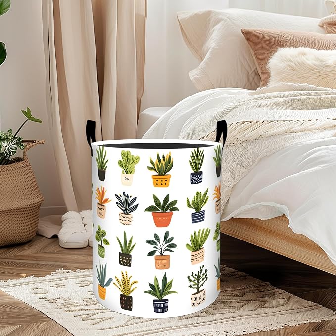 Potted Botanical Laundry Basket, Oxford Cloth Minimalist Nature Dirty Clothes Collapsible Hamper for Room Decor, Plant Leaf Print Gifts Toy Organizer 19.7 * 15.7 Inch for Bedroom Bathroom Dorm