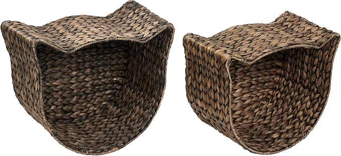 BSK4001B-2SET Feliz Cat-Shaped Hand Woven Water Hyacinth Nesting Pet Toy Organizer Baskets, Cay Storage Box for Living Room, Brown (Set of 2)