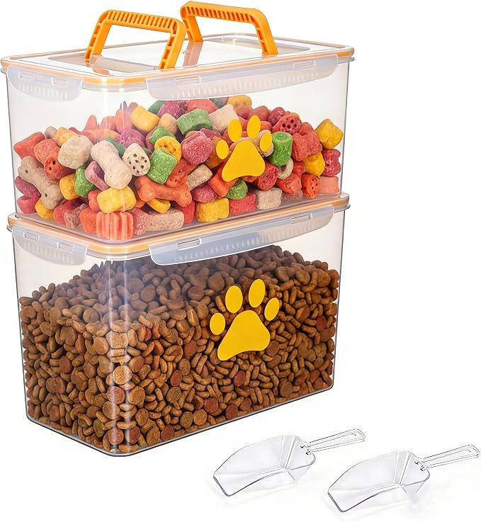 2-Piece Dog Food Container with Handle,20lb Airtight Pet Food Storage Bin for Dogs Cats, Large Capacity Kibble Container for Kitchen Counter,Stackable and Keep Food Fresh Crispy-BPA free