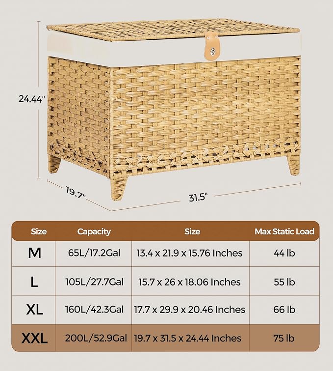 Wicker Storage Basket with Lid, 200L Storage Bin with Removable Liner Bag | Rattan-Inspired Shelf Basket Design, Storage Trunk with Heightened Feet, Wardrobe Storage Container & Home Organizer