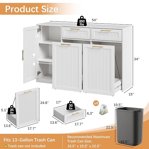 2 X 13 Gallons Double Pull Out Trash Can Cabinet with Storage, White | 54"W Fluted Kitchen Trash Cabinet with Adjustable Shelf & Drawers, Hidden Pet Proof Trash Can Holder for Laundry Living Room