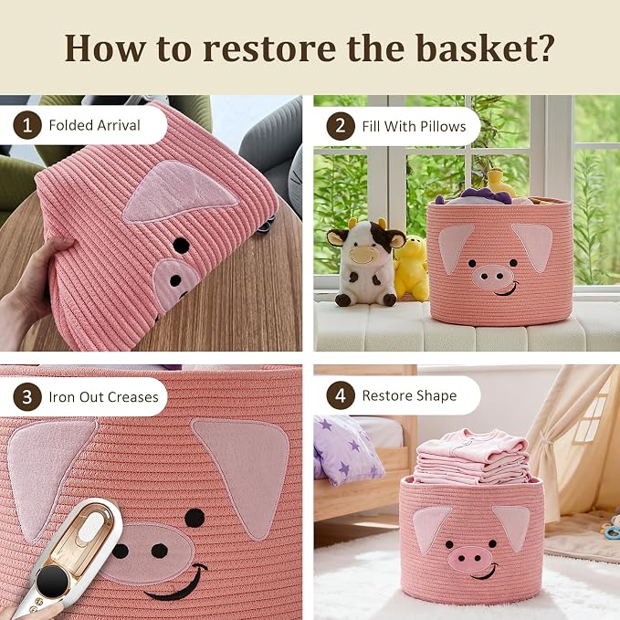 VK VK·LIVING Animal Baskets Large Woven Cotton Rope Storage with Cute Pig Design and Handles, Laundry Organizer for Towels, Blanket, Toys, Clothes, Gifts, Toy Box, Gift for Pet or Baby 15"D x 14"H