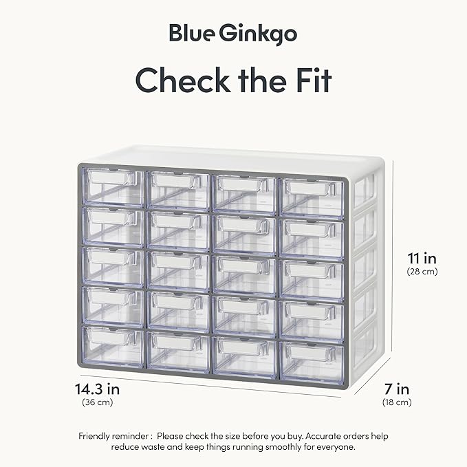 Blue Ginkgo 20-Drawer Storage Cabinet Organizer, Grey, Made in Korea | Stackable. Adjustable. Easy Visibility.