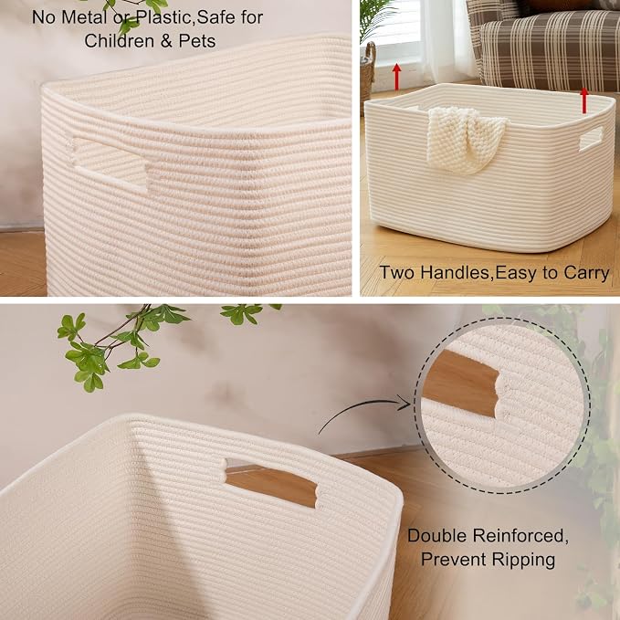 OIAHOMY 118L XXXLarge Rope Storage Basket, Oversized Blanket Basket White | 25" x 17" x 16" Used for Organizing Dirty Clothes in Living Room, Bedroom, Nursery, Extra Large Basket,Dog Toy Storage Bins