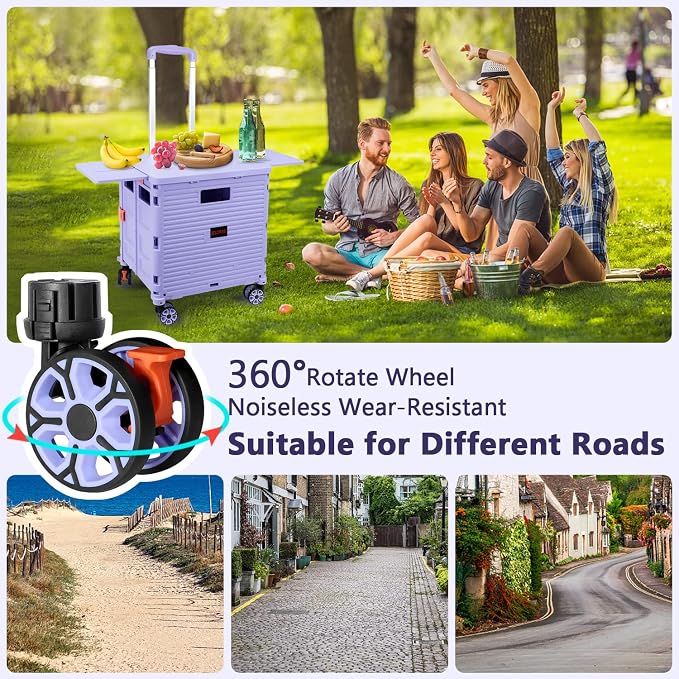 Foldable Utility Cart Collapsible Portable Crate Rolling Carts with Wheels Tote Basket with Magnetic Lid Telescopic Cover Wear-Resistant 360°Rotate Wheel Noiseless for Shopping Storage Office Use