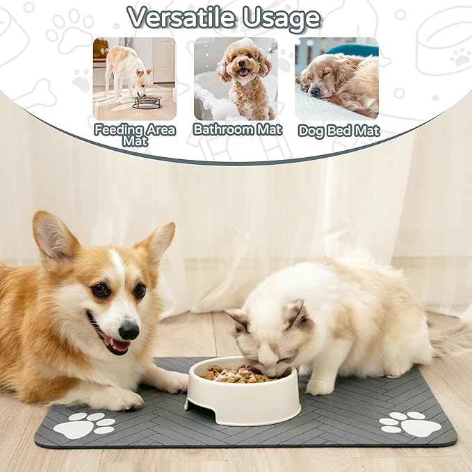Pet Feeding Mat-Absorbent Dog Feeding Mat for Food and Water Bowl,No Stains Pet Placemat,Quick Drying Water Dispenser Mat for Dog and Cat,Easy to Clean Dog Accessories(M,Black Gray Paw)
