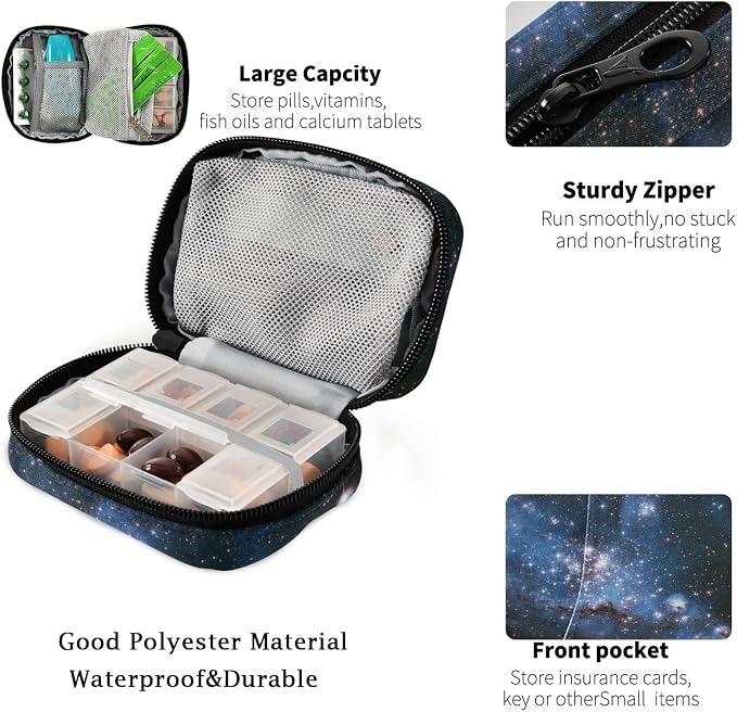 Fustylead Irregular Galaxy Travel Pill Case Bag with Zipper Weekly Pill Box 8 Compartments 7 Day Personal Pill Case Purse Medicine Case Organizer