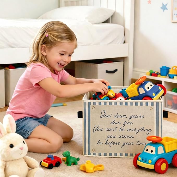 Slow Down Blue Stripe Foldable Fabric Storage Bin for Kids Toys & Clothes | Positive quote, blue stripe design; collapsible bin for organizing toys, books, clothes in nursery, bedroom or playroom.