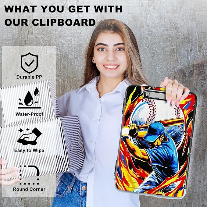 A4 Clipboard with Storage Pen Holder, Clipboards Organizer Nursing Clipboard Foldable File Folder Plastic Clipboard Folio Clip Board for Office Work Classroom Doctor, Baseball Man