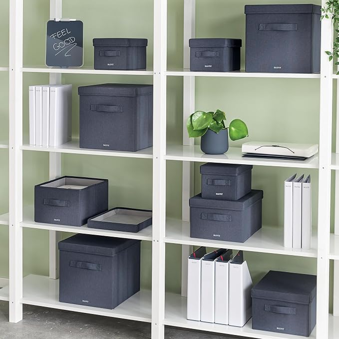 Leitz Fabric Storage Box with Lid, Set of 2 Cube Storage Unit Boxes, Foldable Fabric Ottoman Storage Box, Foldable & Eco Conscious Organiser Box, Recycle Range, Velvet Grey, Large, 61450089