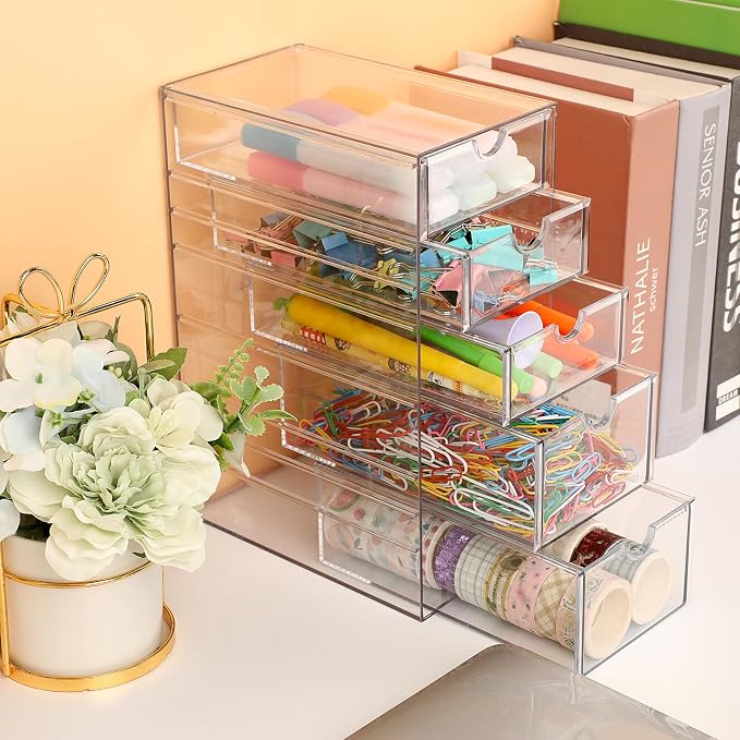 Hipiwe 5-Drawers Plastic Storage Organizer Clear Hair Accessories Organizer | Large Capacity Drawers Box for Bathroom, Dresser, Cosmetic Hair Tie Container for Women