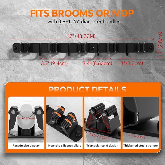 5 Grippers Broom Holder Wall Mount with 4 Hooks Stainless Steel, Black | Self Adhesive or Screw Mop and Broom Organizer, Heavy Duty Storage Rack for Garage Kitchen Laundry Room Closet Garden