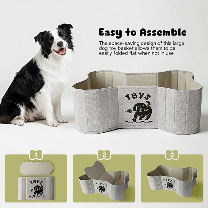 39L Dog Toy Basket, Collapsible Dog Bone Baskets for Toys, Dogs Storage Organizer with PU Handles, Pet Toys Basket with Bone Shape Design, Toy Baskets for Dogs, Gray, 22" x 14.4" x 7.5"