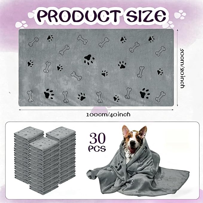 30 Pcs Dog Towels for Drying Dogs Bulk 20 x 40 Inch Quick Drying Pet Bath Towels Colorful Pet Grooming Towel Absorbent Microfiber Towel for Small Medium Large Dog Puppy Cat (Gray)