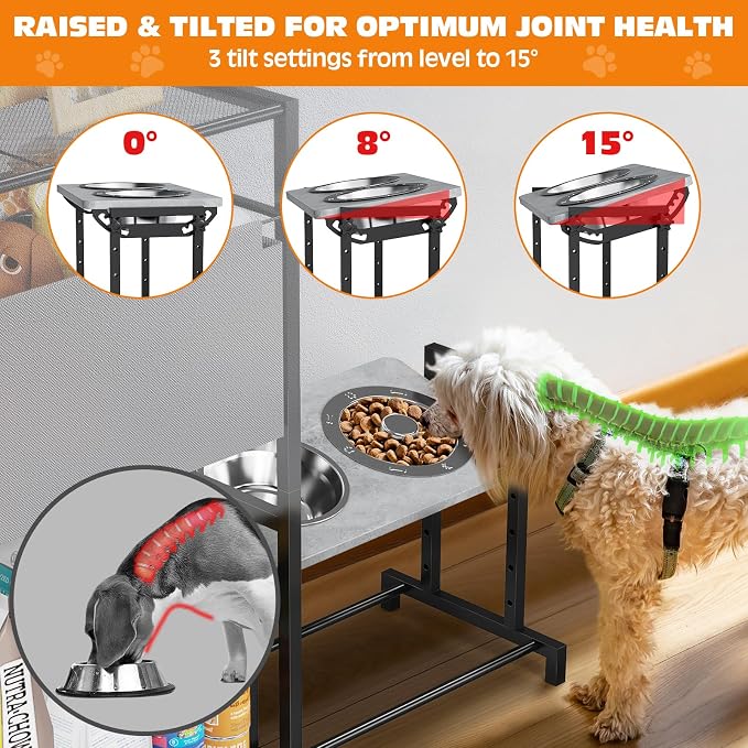 Elevated Dog Bowl Stand with Removable Toy Bin Basket, 6 Height Adjustable Raised Dog Stand, Pet Feeding Station Cabinet with Storage Organizer for Large Medium Small Breed
