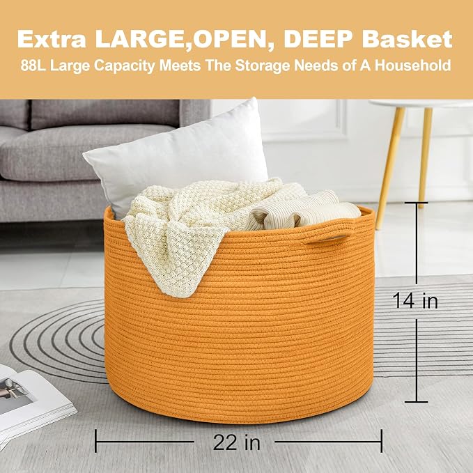 Extra Large Orange Basket, 22" X 22" X 14" Woven Cotton Rope Bins for Blankets, Baby Nursery Wicker Laundry Towel Basket, Kids Dog Toy Storage Box, Big Orange Living Room Decor Organizer
