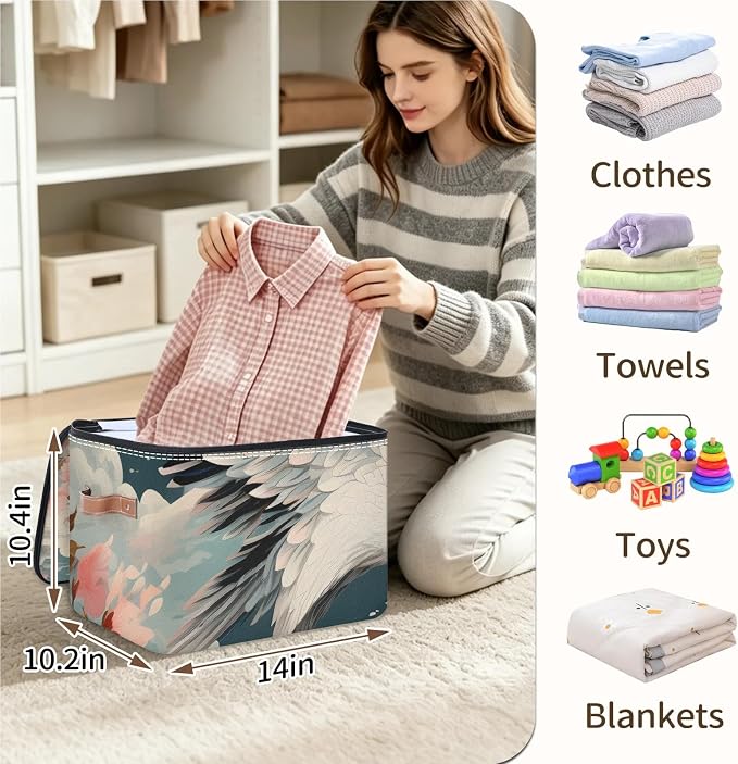 Vintage Japanese Crane Foldable Storage Bin with Lid Zipper | Closet Shelf Organizer, Boxes, Basket Containers for Home, Lidded Storage Cube for Bedroom, Waterproof, with Handles