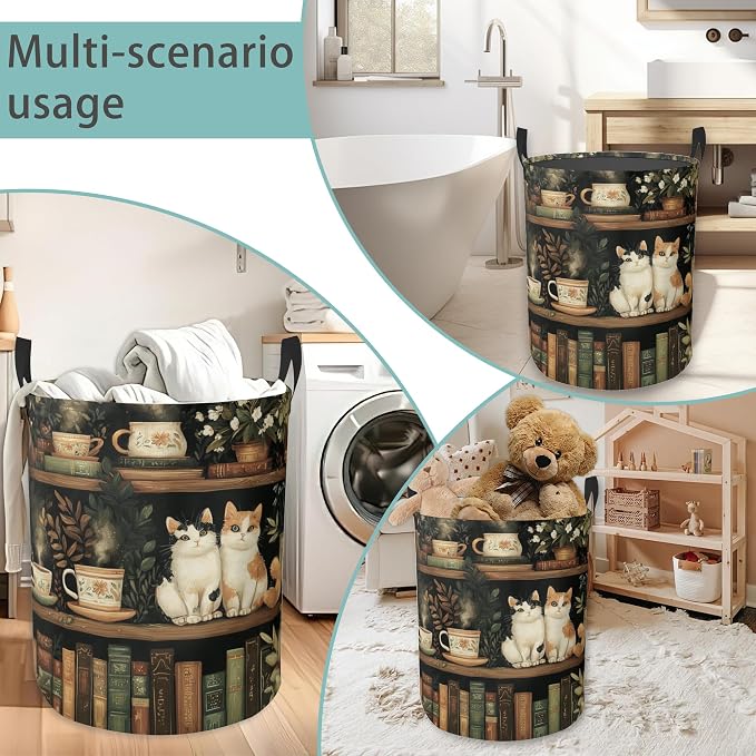 Cat Bookshelf Round Laundry Hamper Storage Basket Toys Clothes Organizer Bin For Home Bathroom Bedroom Dorm Nursery