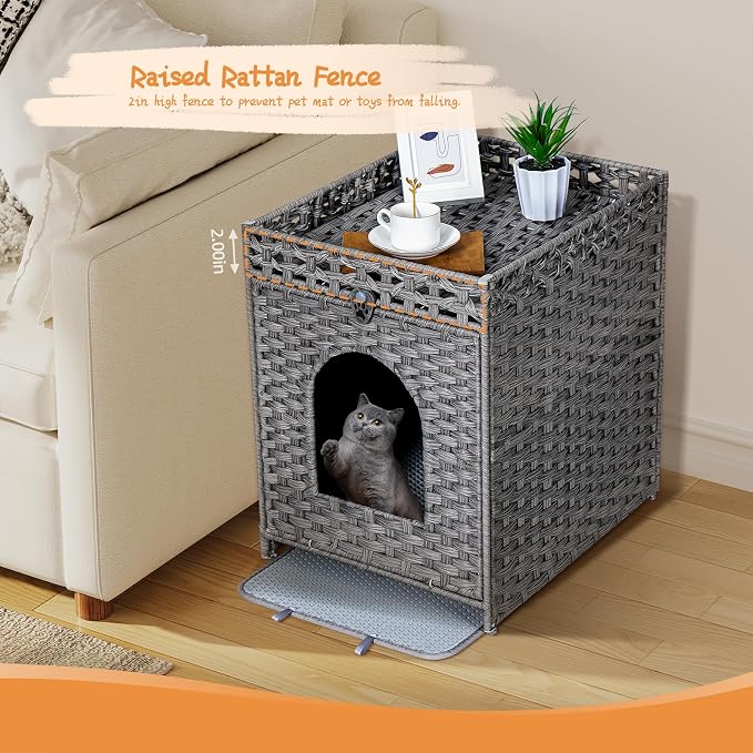 Snughome Cat Litter Box Enclosure Furniture Hidden with Cat Litter Mat, Hidden Cat Washroom Furniture with Door, Handwoven Rattan Cat Washroom Box, Indoor Pet House for Living Room, Bedroom(Grey)