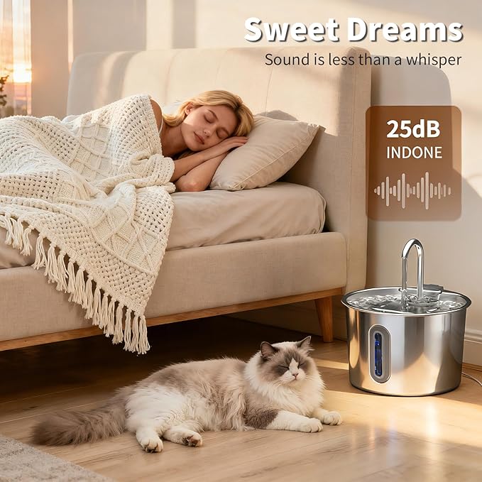 Stainless Steel Cat Fountain - 2.2L/74oz Ultra-Quiet Drinking Automatic Pet Water Fountain with Replacement Filters Cat Water Fountain with LED Window for Cats and Small Dogs