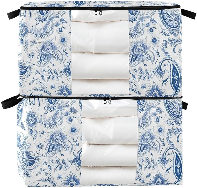 Blue Paisley Floral Clothes Storage Bag Bins 2 Pack Foldable Storage Containers Large Closet Organizer with Zipper Blanket Storage Bag for Clothing Bed Sheets Comforters 95L