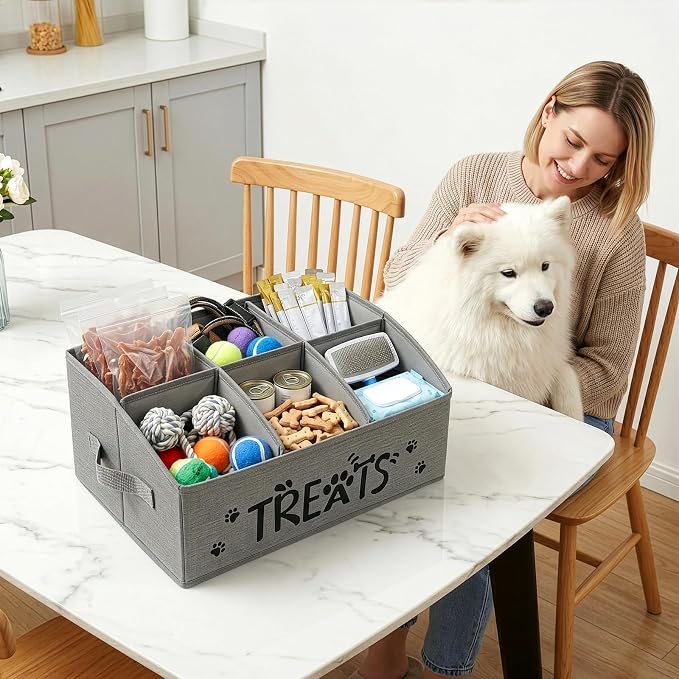 Pumtus Collapsible Dog Treat Container, Fabric Pet Food Box with Handle & Removable Divider, Countertop Cat Snack Storage Organizer, Large Pet Stuff Holder for Dog Treats Stick, Canned Food, Leashes