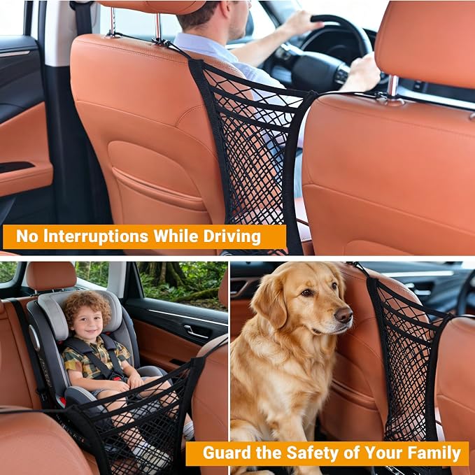 3-Layer Car Mesh Organizer - Backseat Storage & Pet Barrier for Small Dogs | 11"x8.3" net fits headrests or between seats. Holds bottles, umbrellas, tissues, toys. Keeps small dogs (<22lb) from front.
