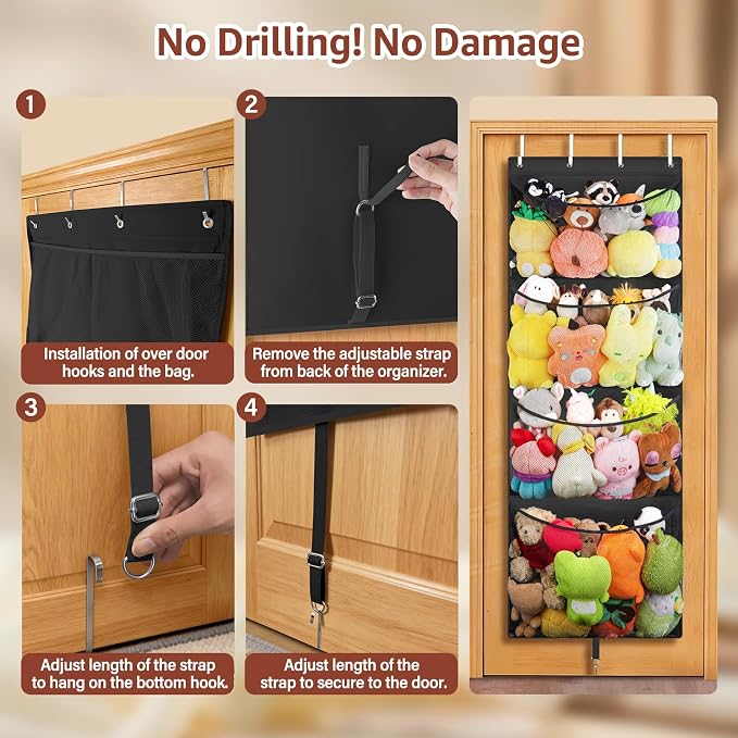 Over Door Stuffed Animal Storage, Hanging Plush Toy Organizer Holder | Behind Door Organizer with 4 Large Pockets, Mesh Hammock Bag for Doll & Bear Stuffies, Idea for Girl Boy Kid Nursery Closet