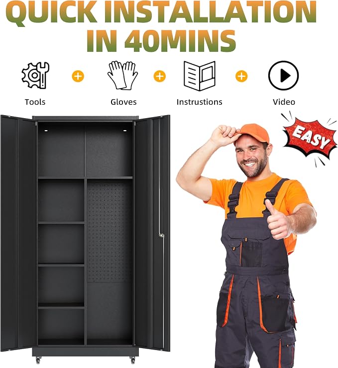 71''H Metal Garage Storage Cabinet, Broom Storage Cabinet with Lock | Tool Storage Cabinet, Steel Tool Cabinet with 2 Doors and Shelves for Garage, Warehouse, Assembly Required, Black