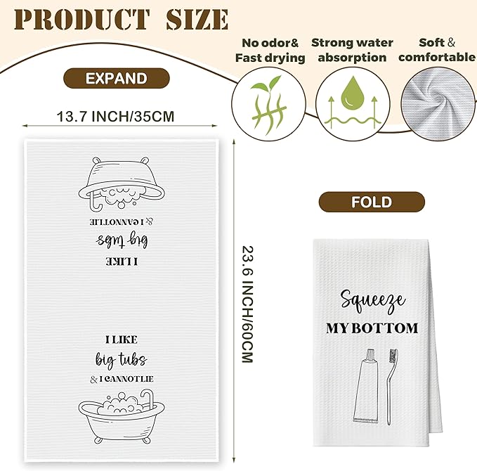 Bath Towels Set of 2, Funny Bathtub Brush Dish Towel for Bathroom Spa Kitchen, Squeeye My Bottom Decorative Hand Towels, Fast Drying Tea Towel, Housewarming Xmas Gifts for Women Mom -B36