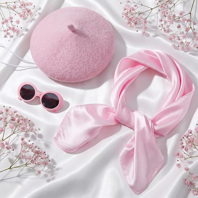 Dog Beret Set Including Dog Beret Satin Scarf Funny Glasses Pet French Artist Beanie for Small Dogs Cats Halloween Christmas Cosplay Party(Pink)