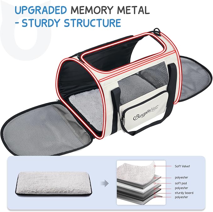 BurgeonNest Cat Carrier Soft, Collapsible Travel Pet Bag, Small Dogs | Large Cats up to 20 lbs with Unique Side Bag, Top Load Small Pet Crate Escape Proof with 4 Ventilated Windows, Medium Beige