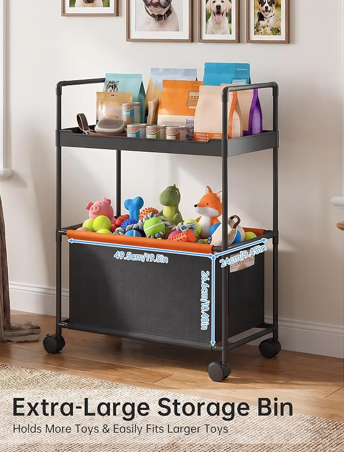 NiHome 2-Tier Dog Toy Basket Storage Cart, Dog Toy Rolling Organizer, Black | Pet Toy Storage Rack, Top Shelf, Oxford Fabric Basket, Metal Frame with 4 Swivel Casters, for Dog Toys, Treats, and Supplies