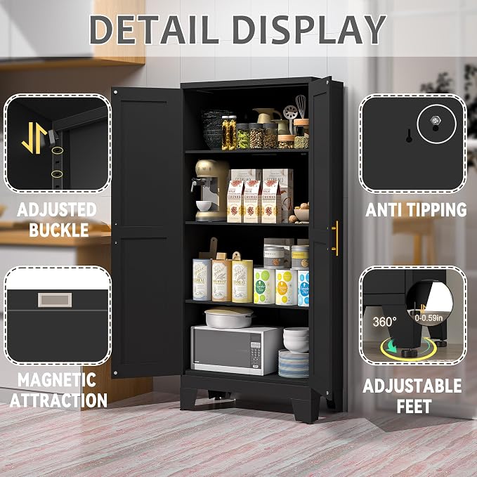 GAIOUS 61.02" Kitchen Pantry Cabinet, Black Metal Pantry Storage Cabinet | with 2 Doors and Adjustable Shelves, Food Storage for Kitchen, Living Room, Bedroom, Dining Room Sideboard Cupboard