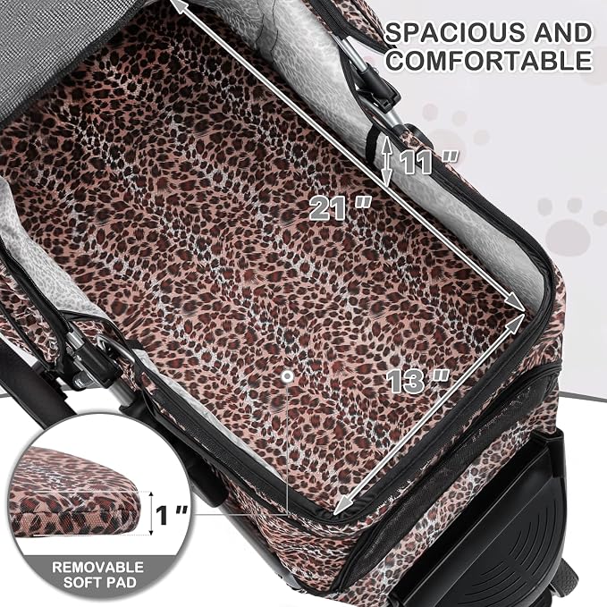 MoNiBloom Pet Stroller for Small/Medium Dogs and Cats, Leopard Print | Foldable Dog Stroller 3 Wheels Pet Strolling Cart w/ Storage Basket Cup Holder, Breathable and Visible Mesh for All-Season