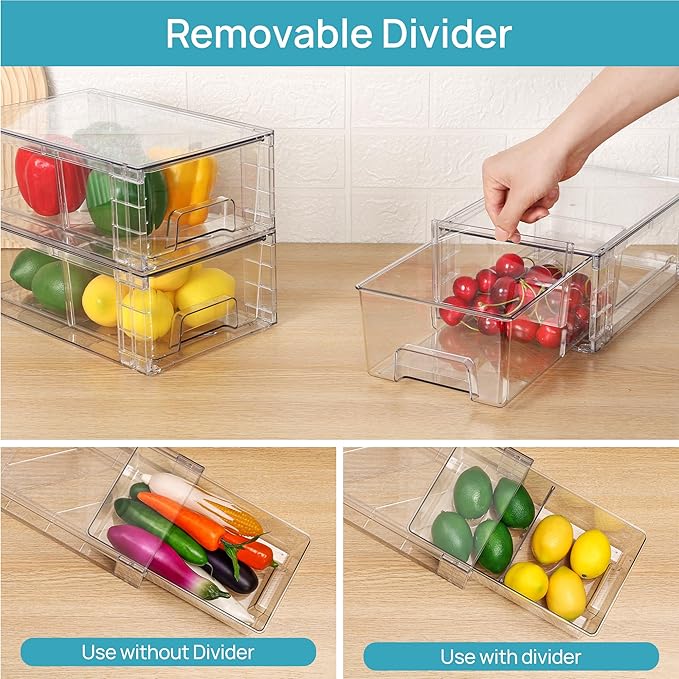Vtopmart 4 Pack Stackable Clear Drawer with Dividers | Easy Assembly, Stackable Storage, Removable Dividers, Non-Slip Design, For Fridge, Under Sink, Pantry & Bathroom