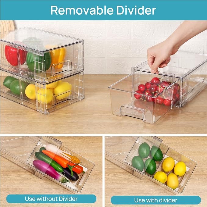 Vtopmart 10 Pack Stackable Clear Drawer with Dividers | Clear Drawer Organizers with Removable Dividers for Flexible storage. Stackable, Non-slip, for Fridge, Under Sink & Bthroom
