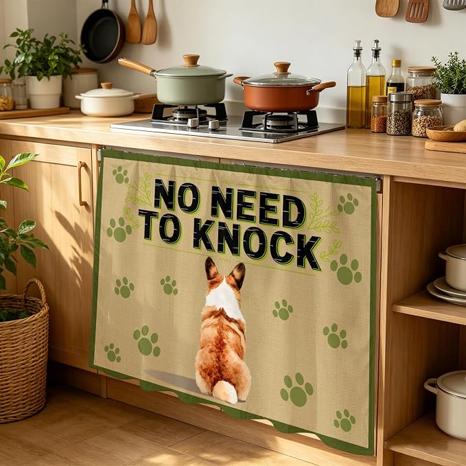 NO Need to Knock Cabinet Dishwasher Hidden Curtains, Privacy Closet Door Curtain, Corgi Dog Paw Prints Pet Lover Farmhouse Adhesive Dust Proof Under Sink Skirt for Bathroom Kitchen 35"x35"
