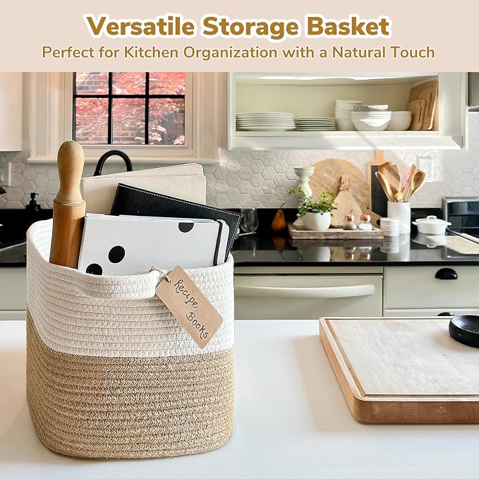 Goodpick Woven Rope Storage Basket for Shelves, Rectangle, Jute | 13" × 10" × 9" Stylish Gift Basket for Bedroom & Living Room Organization, Fits Toys & Pet Supplies Storage, Writable Label