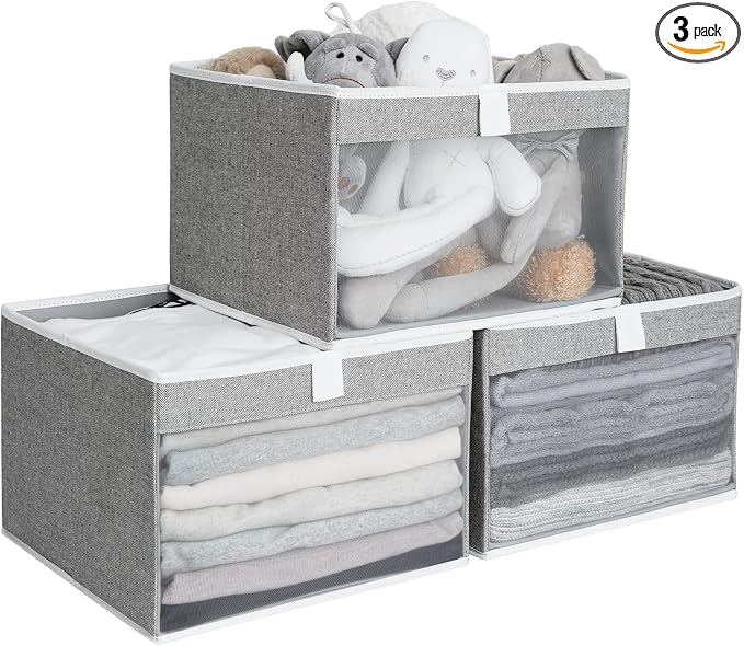 StorageWorks Large Closet Storage Bins, Fabric Storage Basket, Gray, 3-Pack | Mesh Front Window, Soft Leather Handles, Collapsible, Flip to Show/Hide, Closet Organizers Bins for Shelf, Bedroom, Bathroom