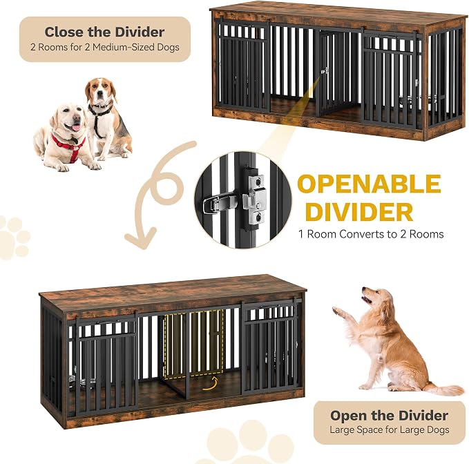 DWVO 71" Double Dog Crate Furniture for 2 Medium Dogs with Dog Bowls | Heavy Duty Wood Dual Dog Kennel TV Stand with Sliding Doors, Decorative 2 Dog Cage Table for Extra Large Dogs Rustic Brown