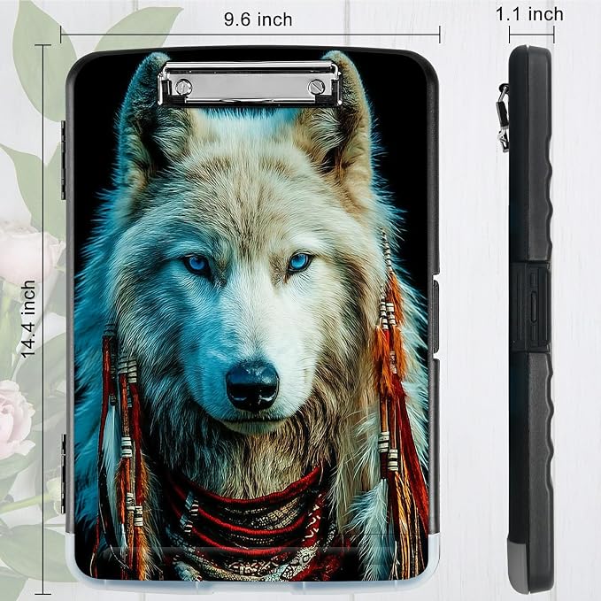 A4 Clipboard with Storage Pen Holder, Clipboards Organizer Nursing Clipboard Foldable File Folder Plastic Clipboard Folio Clip Board for Office Work Classroom Doctor, White Wolf Feathers