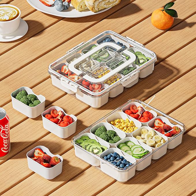 Divided Serving Tray with Lid and Handle Charcuterie Container Snackle Box Portable Storage Organizer Platter with Forks and Spoons for Fruit, Snacks, Veggie, Nuts, Perfect for Party, Picnic(2 Pack)