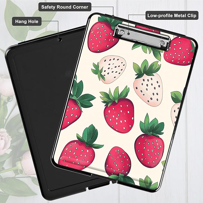 Heavy Duty Storage Clipboard, Slim Nursing Clipboard with Internal Pen Case, Portable File Organizer Case for A4 Letter Size Paper Office Medical Professionals, Pink Strawberry