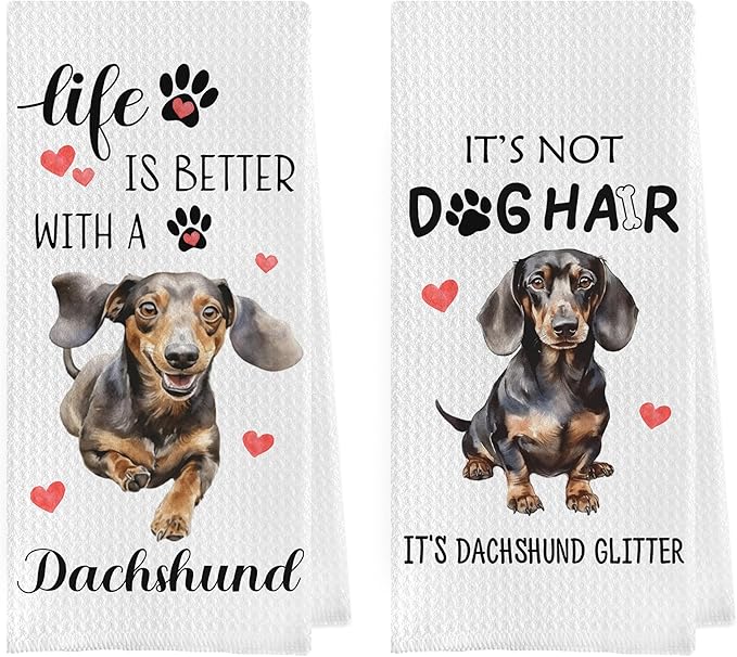 Dachshund Gifts Dish Towels Set - Funny Dachshund Gifts Decorative Waffle Weave Kitchen Towels, Wiener Dog Gifts for Women Hand Tea Towels (16×24 Inches Set of 2)