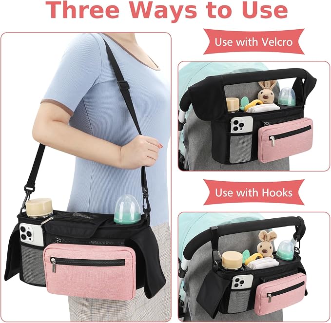 Accmor Universal Stroller Organizer with Insulated Cup Holder Detachable Phone Bag and Shoulder Strap,Stroller Bag Caddy Organizer for Uppababy, Baby Jogger, Britax Strollers