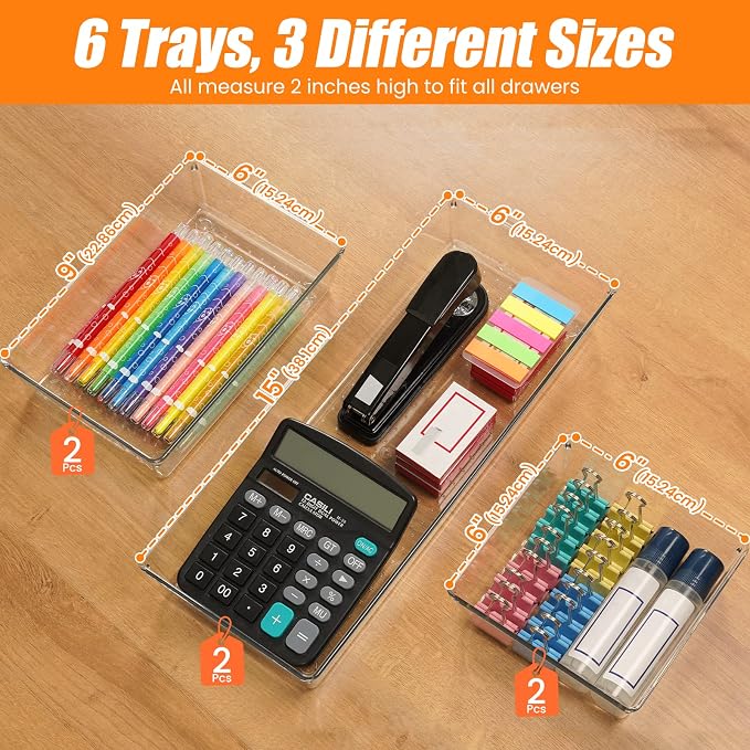 6 Pcs Large Size Clear Drawer Organizer Set, Acrylic Non Slip Non Cracking Kitchen Drawer Storage Tray Divider, Multifunctional Storage for Cosmetics, Bathroom, Tools, Kitchen and Office