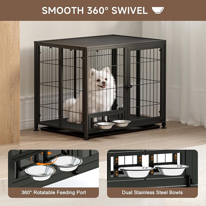 Heavy Duty Dog Crate for Small Dogs, 3 in 1 32.7" Foldable Collapsible Dog Kennel & Playpen with Lockable Wheels & Feeding Bowls, Escape Proof Metal Dog Cage for Indoor Outdoor Use, Black