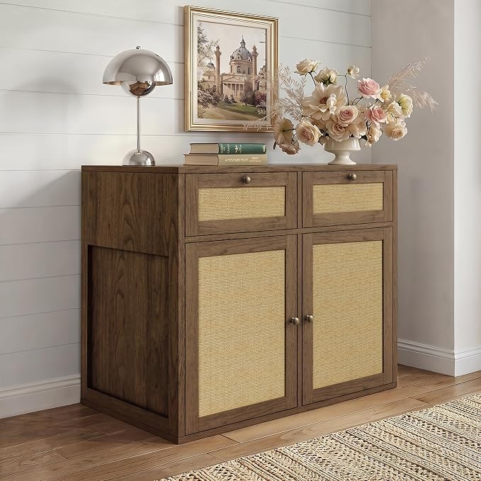 PureCozy Wooden Side Cabinet for Dog Crate Furniture, 40 Inch, Light Oak | Complementary storage unit with cane doors and 2 drawers; pairs with PureCozy dog crate furniture for indoor use.