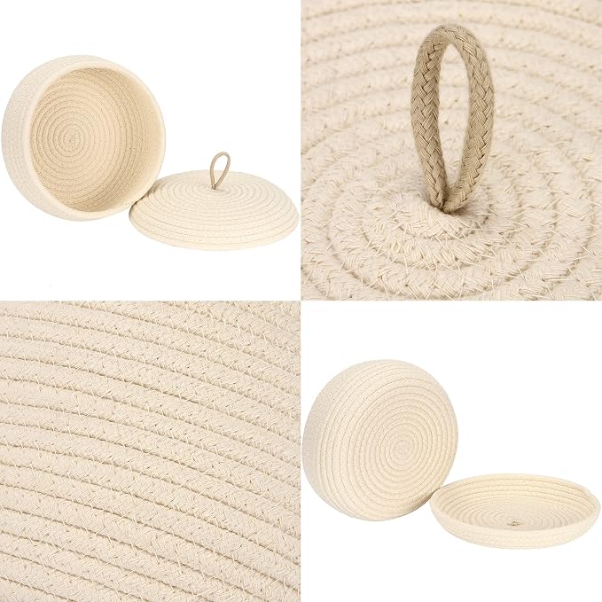 Sea Team Round Woven Cotton Rope Storage Basket with Lid, Cream | Lidded Knitted Decorative Storage Bin, Pot, Caddy, Organizer, Container for Snacks, Towels, Plants, 10 x 4.5 Inches